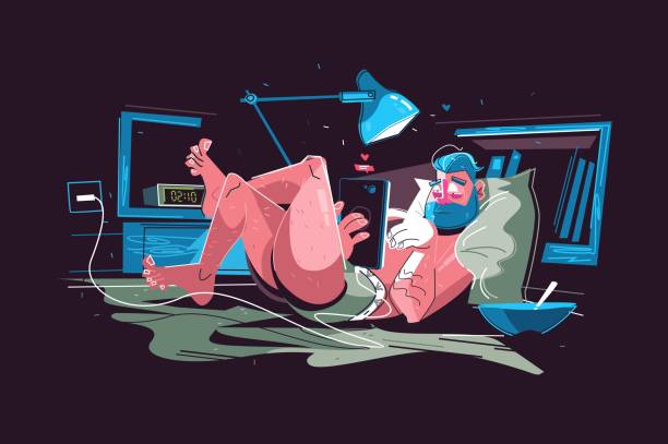 Man hanging on internet Man hanging on internet vector illustration. Tired bearded guy lying in bed and using modern gadget at night flat style design. Absorption of virtual life concept computer addiction stock illustrations