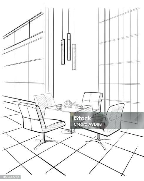 Ilustración de Moderno Y Sencillo Interior De La Cafetería y más Vectores  Libres de Derechos de Croquis - Croquis, Dibujar, Mesa - Mueble - iStock