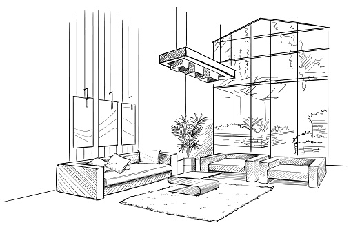 Living room interior sketch with coffee table.