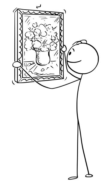 ilustrações de stock, clip art, desenhos animados e ícones de vector cartoon of man hanging flower painting on wall - art museum event canvas humor