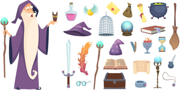 illustrations, cliparts, dessins animés et icônes de des outils de magicien. magicien magique mystère balai potion sorcière chapeau et sorts livre vecteur dessins animés - wizard magic broom stick