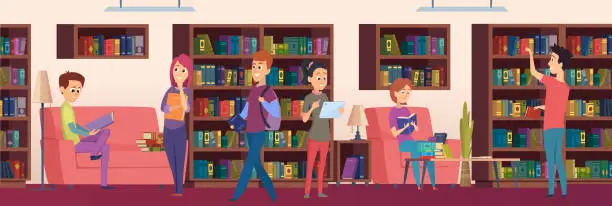 Vector illustration of Library background. Kids students choosing books on the shelves in biblioteca vector cartoon illustrations