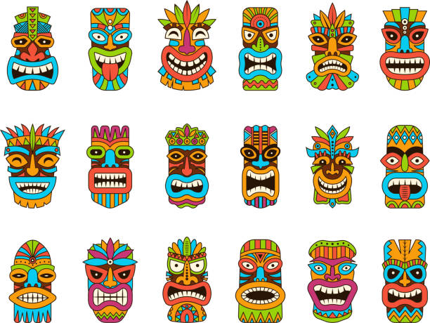 Tiki masks. Tribal hawaii totem african traditional wooden symbols vector colored mask illustrations Tiki masks. Tribal hawaii totem african traditional wooden symbols vector colored mask illustrations. Tiki totem, hawaii mask exotic, african face wooden sculpture tiki mask stock illustrations