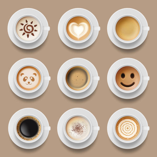 ilustrações de stock, clip art, desenhos animados e ícones de coffee cups. cappuccino latte americano top view of realistic hot morning drinks vector illustrations - coffee top view