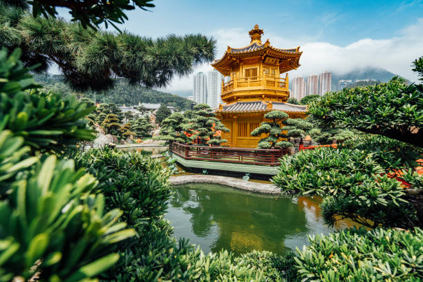 nan lian garden in hong kong - hong kong cityscape flowing water built structure stock-fotos und bilder