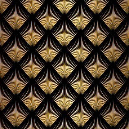 Art Deco Pattern. Seamless black and gold background. Metallic shells or scales lace ornament. Minimalistic geometric design. Vector lines. 1920-30s motifs. Luxury vintage illustration