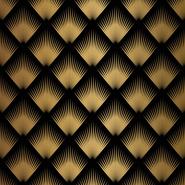 Art Deco Pattern. Seamless black and gold background Art Deco Pattern. Seamless black and gold background. Metallic shells or scales lace ornament. Minimalistic geometric design. Vector lines. 1920-30s motifs. Luxury vintage illustration 1920 stock illustrations