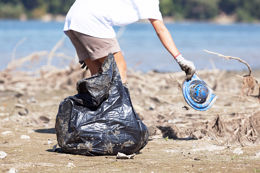 Volunteer is cleaning plastic waste at river or lake bank