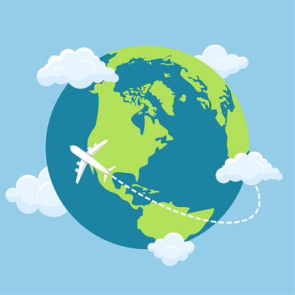 Beautiful vector design illustration of airplane flying around world