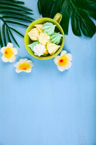 istock Meringue  with tropical leaves and flowers 1155442042