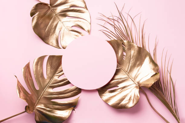 istock Golden tropical monstera leaf on pink background with copy space. Top view. Flat lay. Creative layout. Exotic summer concept in minimal style 1155442346