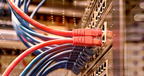 estante de servidor con cables de cable de conexión de internet azul y rojo conectados al panel de parches negro en la sala de servidores de datos - fiber optic technology cable computer network fotografías e imágenes de stock