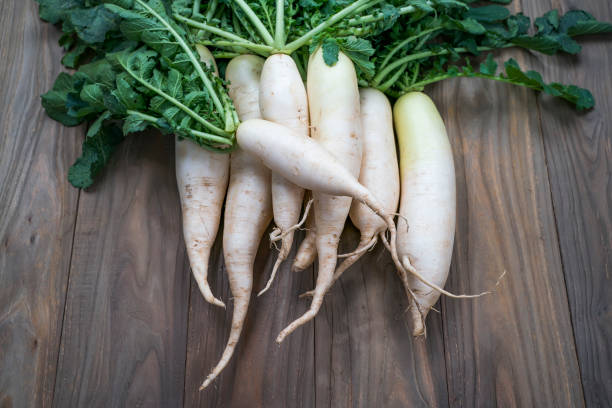 istock Daikon radish on the wood background 1155443994