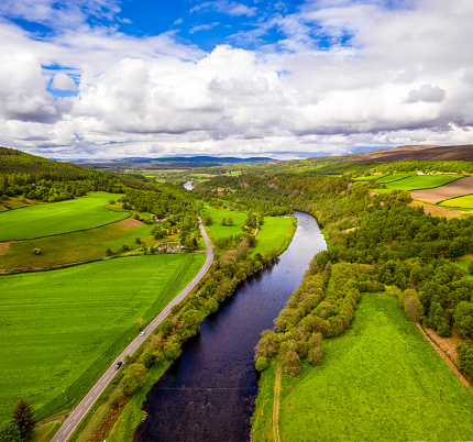 An aerial view looking along the River Spey in Moray, Scotland.
