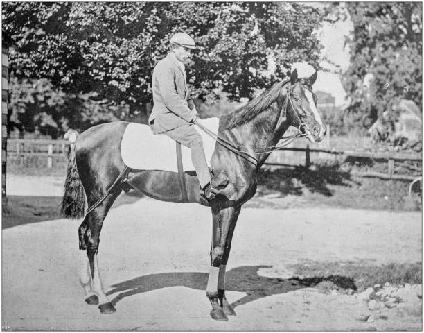 istock Antique vintage black and white photo: Racing horse 1155447995