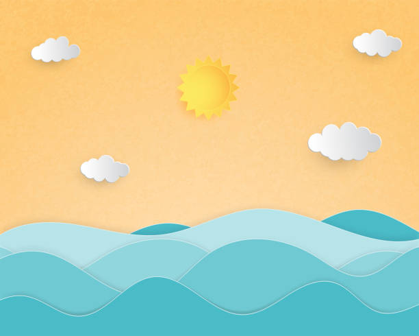 istock Creative illustration summer background concept paper cut style with landscape of sea wave. 1155448189