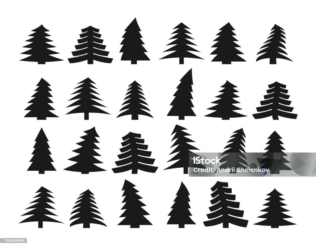 Tree-32 Set of twenty four different dark silhouettes of pines on a white background. Vector illustration Abstract stock vector