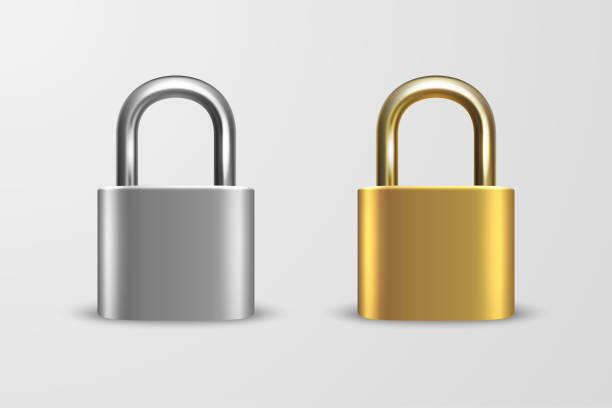 illustrations, cliparts, dessins animés et icônes de vector 3d réaliste fermé métal or et argent cadenas icône ensemble gros plan isolé sur fond blanc. modèle de conception de l’or, serrure en acier pour la protection de la vie privée, web et applications mobiles, logo - fermer à clef
