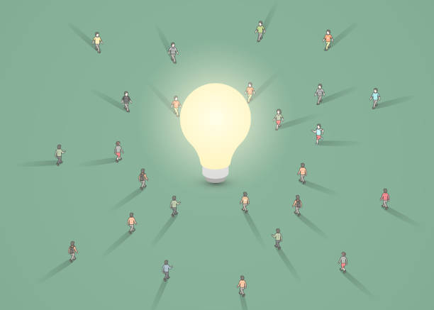 istock A group of people walking to a light bulb. Brainstorm, inspiration, idea business concept. 1155454466