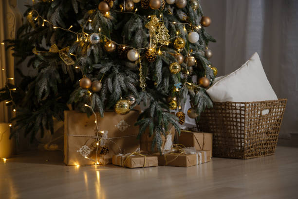 istock Decorated Christmas room with beautiful fir tree 1155454492