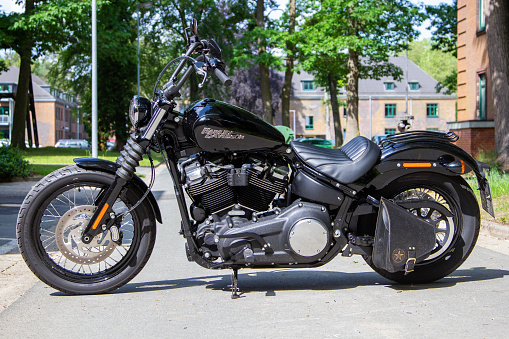 Wunstorf / Germany - June 7,2019: Harley Davidson motorcycle stands on a street. Harley Davidson  is an American motorcycle manufacturer founded in 1903 in Milwaukee, Wisconsin.