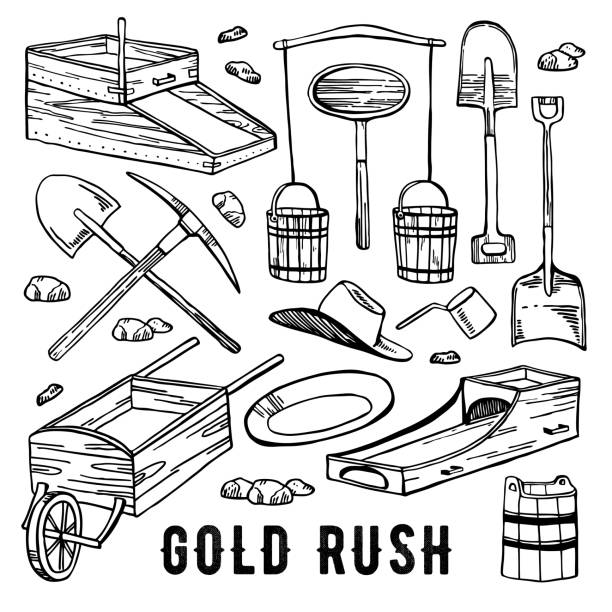 ilustraciones, imágenes clip art, dibujos animados e iconos de stock de california gold rush vector dibujado a mano vintage esquema gráfico conjunto. las herramientas históricas de minería de oro - panning