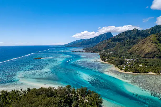 Moorea island french polynesia lagoon aerial view panorama landscape