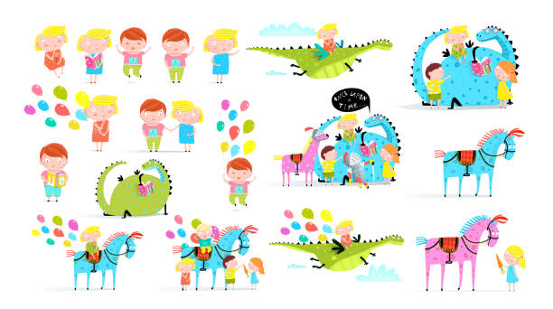 illustrazioni stock, clip art, cartoni animati e icone di tendenza di set di illustrazioni di cartoni animati per bambini nel mondo fantasy - dragon color image fairy tale imagination