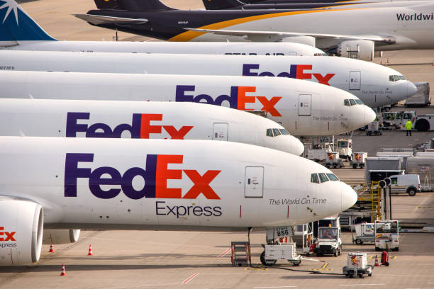 fed ex cargo airplanes at cologne bonn airport germany stock photo