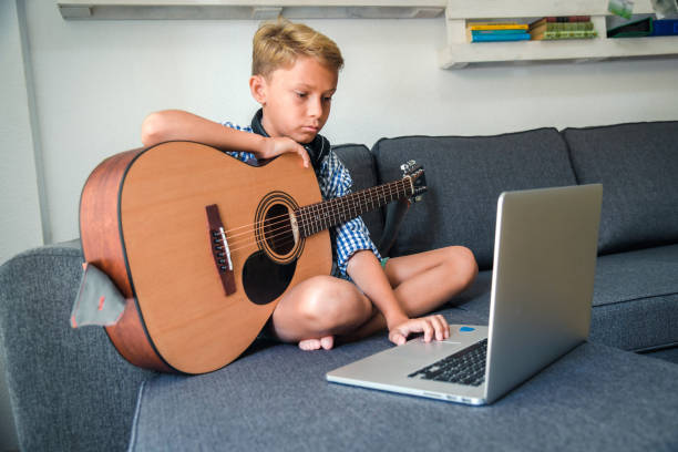 istock Full Length Of Boy Using Laptop While Learning Guitar On Sofa At Home 1155467606