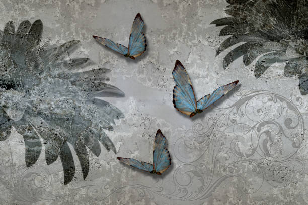 istock 3d wallpaper texture, gerbera daisy and butterflies on concrete wall background. 1155470475