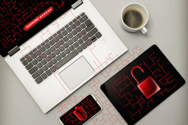 Cyber attack and virus detected concept. Cyber attack and virus detected concept. The laptop, smartphone and tablet under cyber attack, virus, malware. Image debugging photos stock pictures, royalty-free photos & images