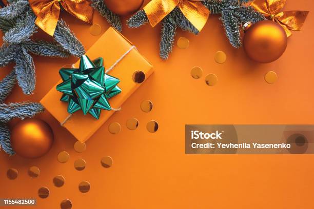 Christmas Composition Background With Gift Box And Decorations Stock Photo - Download Image Now