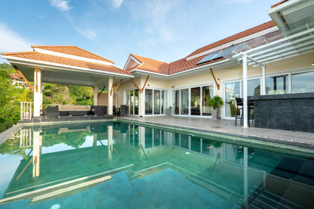 istock home or house Exterior design showing tropical pool villa 1155483899