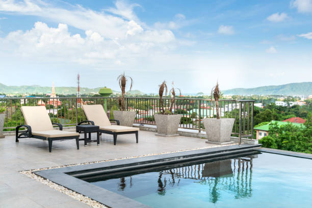 istock home or house Exterior design showing tropical pool villa with sun bed 1155483921