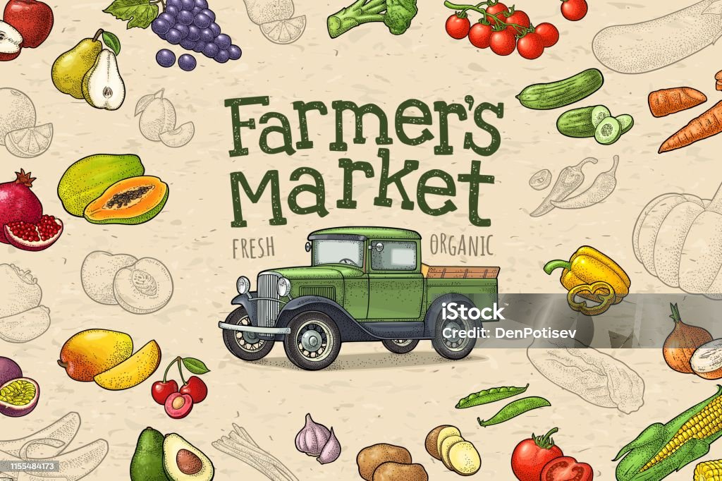 Camioneta Retro, grabado de frutas y verduras. Lettering mercado de productores - arte vectorial de Mercado de Productos de Granja libre de derechos