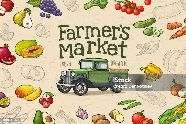 Ilustración de Camioneta Retro Grabado De Frutas Y Verduras Lettering Mercado De Productores y más Vectores Libres de Derechos de Mercado de Productos de Granja
