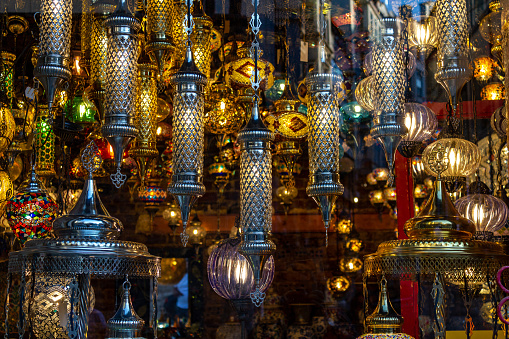 Glass and metal lamps. Traditional oriental souvenirs. Grand Bazaar Istanbul