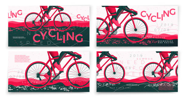 Vector typographic bicycle banners template set Vector typographic bicycle banners template set, with cyclist, grunge textures, and place for your texts. retro bicycle stock illustrations