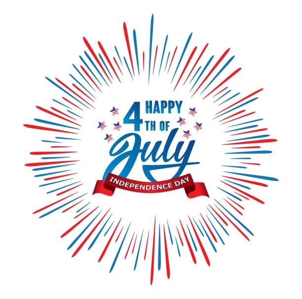 happy 4 th of july independence day usa odręcznie wyrażenie z gwiazdami, amerykańską flagą i fajerwerkami. ilustracja z napisem wektorowym. - fourth of july backgrounds cheerful happiness stock illustrations