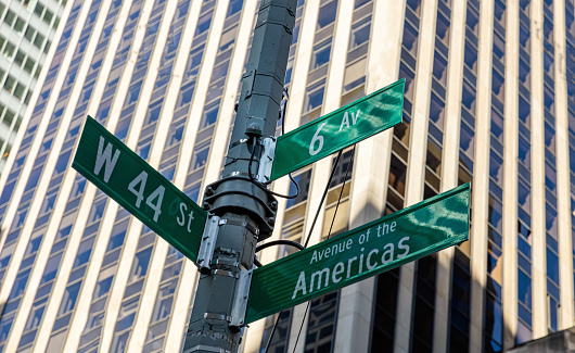 Sixfth ave and West 44 crossroads street sign, Manhattan New York downtown. Green signs on blur buildings facade background, Avenue of the Americas