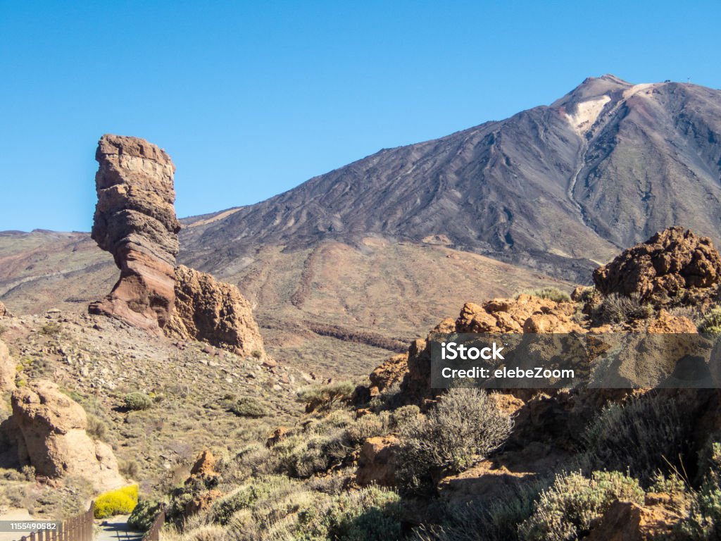 Volcanic landscape in Los Roques, and El Teide Volcanic landscape in Los Roques, and El Teide Volcano in Tenerife, Canary Islands, Spain Arid Climate Stock Photo