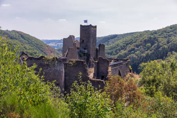 Medieval ruin of Brandenbourg castle at hill in Luxembourg Ardennes Brandenbourg, Luxembourg - August 22, 2018: Medieval ruin of Brandenbourg castle at hill in Ardennes 70 meter above village of Brandenbourg vianden stock pictures, royalty-free photos & images