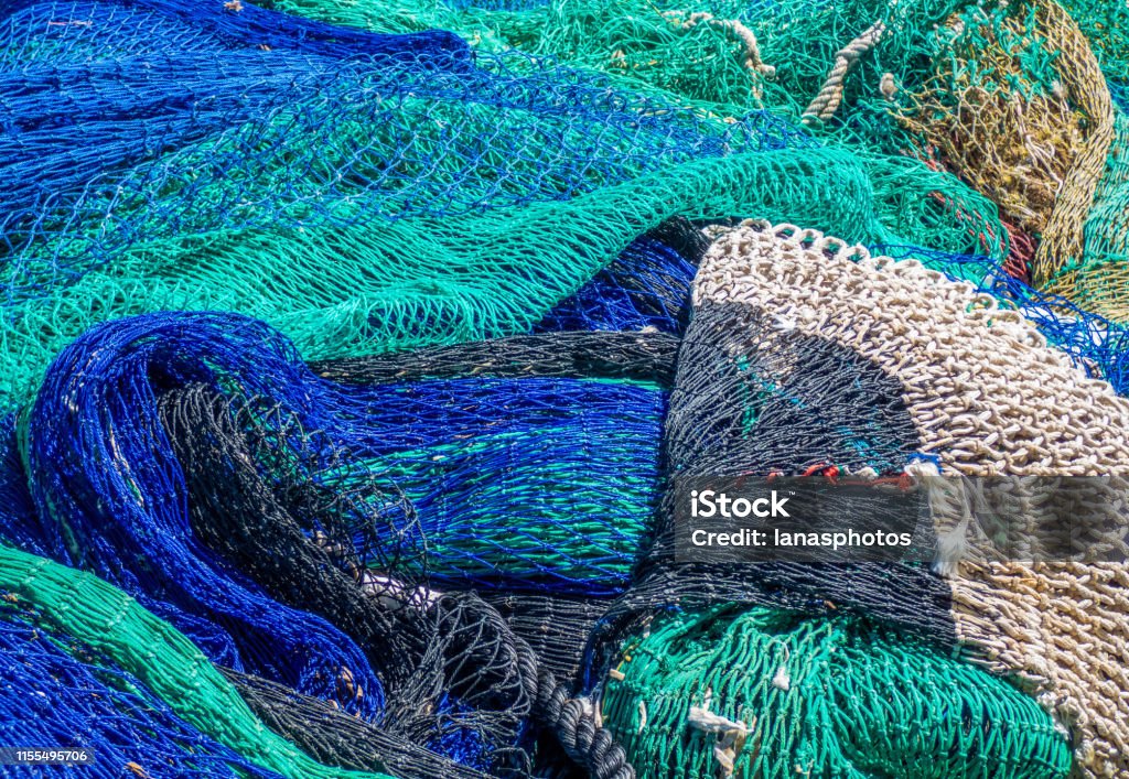 Industrial fishing nets close-up .Spain Blue Stock Photo