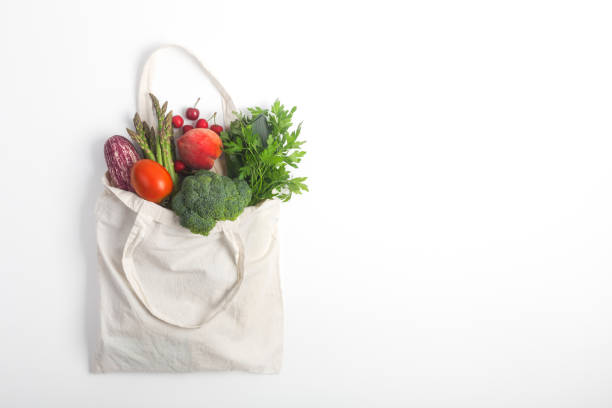 istock Reusable zero waste textile product bag, top view on white background 1155496992