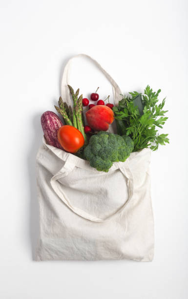 istock Reusable zero waste textile product bag, top view on white background. 1155497005