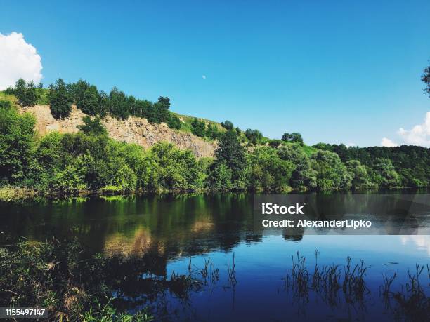 Beautiful Landscape With River And Forest Stock Photo - Download Image Now - Backgrounds, Beauty, Blue