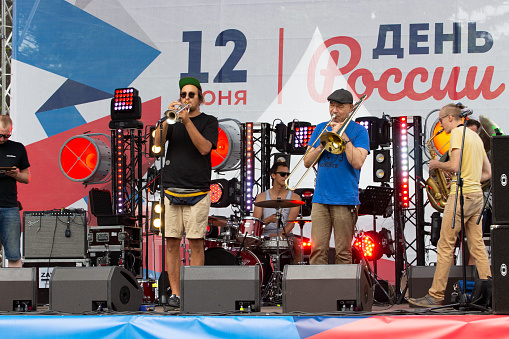12-06-2019, Russia, Moscow, Day of Russia. Festive concert of the music band 1l2 Orchestra in Sokolniki Park. Jazz band Open stage performance