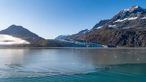 Glacier Bay National Park, Alaska. Spectacular sweeping vista of glaciers and ice capped/ snow covered mountains and wildlife landscape. Absolutely breathtaking natural untouched serene nature views.