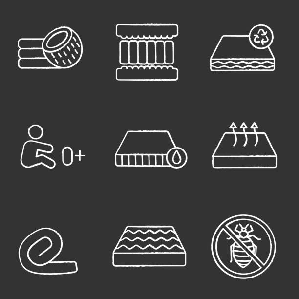 Mattress icons Mattress chalk icons set. Coconut fiber, antiallergic, waterproof, orthopedic, recyclable, springless roll up, breathable, mattresses allowed for newborn. Vectors drawing of mattress stock illustrations